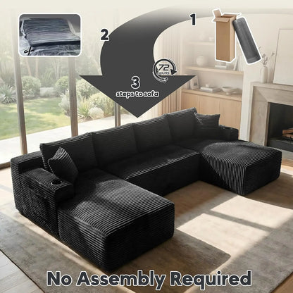 125" Oversized Cloud Boneless Couch with Chaise, Modern Modular Sofa with Deep Seat, Corduroy Upholstered U Shaped, Customized