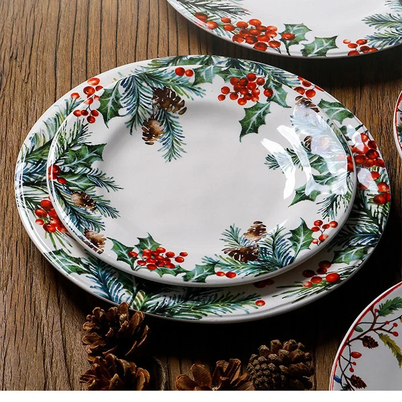 Christmas Ceramic Dinner Plate Set Household Underglaze Flat Round Dim Sum Decorative  Sushi