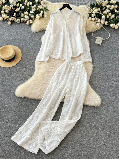 SINGREINY Senior Embroidery Leaves Sets Long Sleeves Single Breasted Top+Wide Legs Casual Pants 2025 Korean Women Solid Suits