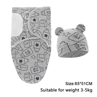 Baby Blanket Hat Set Cartoon Printed Cotton Newborn Swaddle Adjustable