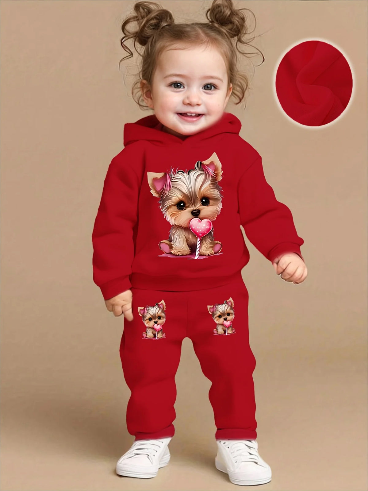 A cute dog pattern printed fleece hoodie and pants set for baby girls in autumn and winter for newborns