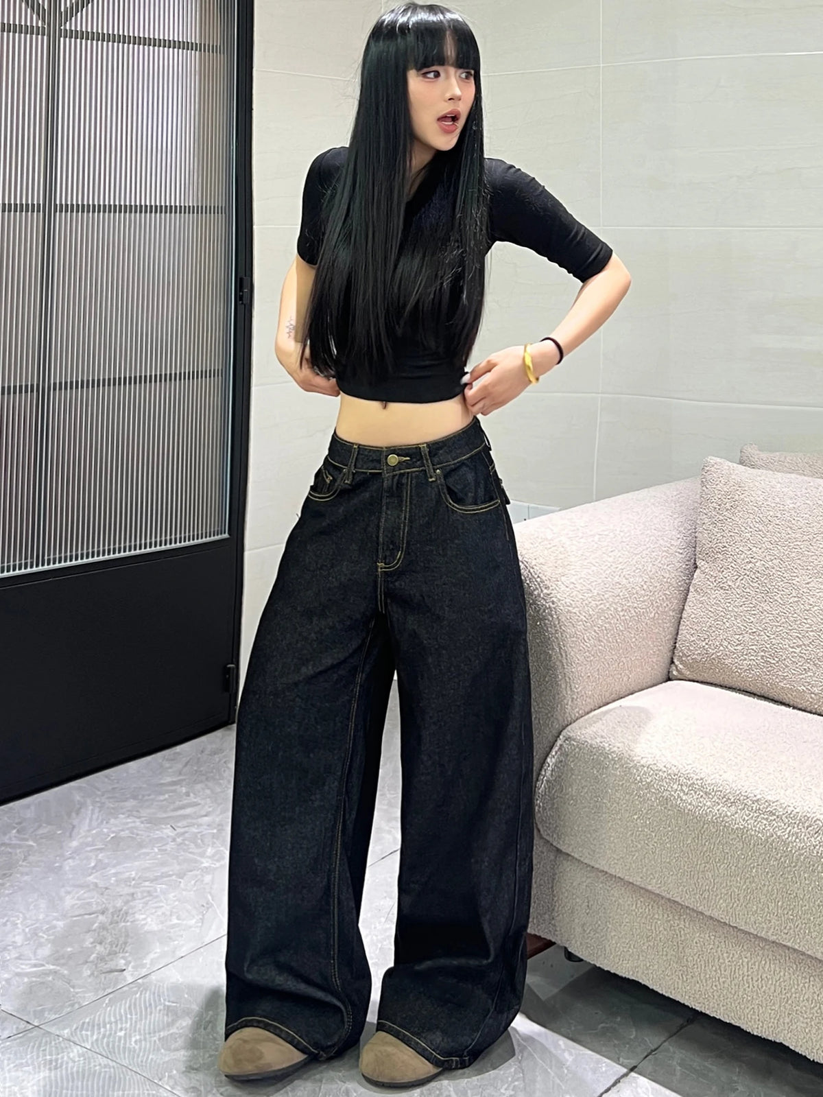 Women's Classic Black Loose American-Style Jeans, Trendy And Versatile Casual Wide-Leg Pants