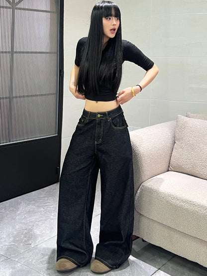 Women's Classic Black Loose American-Style Jeans, Trendy And Versatile Casual Wide-Leg Pants