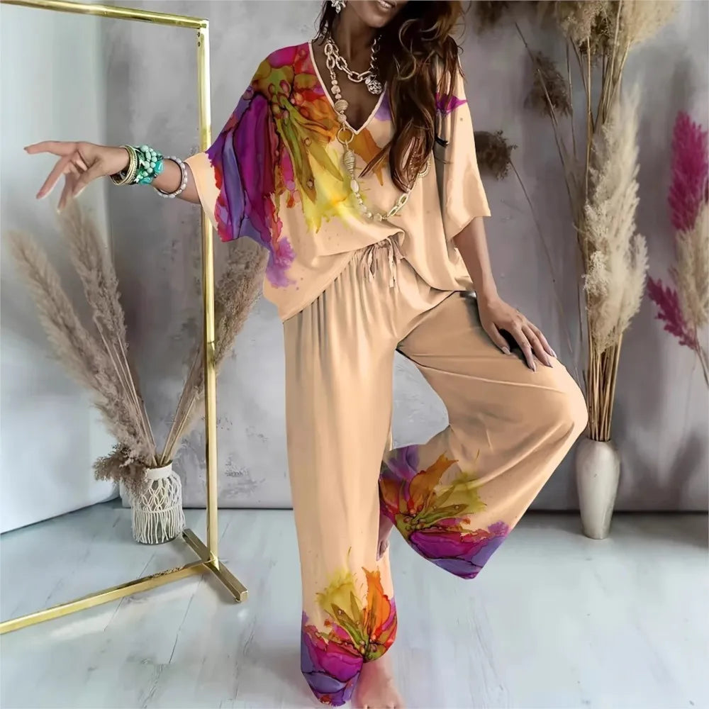 Autumn Print Two-Piece Set Women V-neck Bat Sleeve Set Top Casual Loose Lace Wide Legs Pants 2-Piece Suit Family Clothing Female