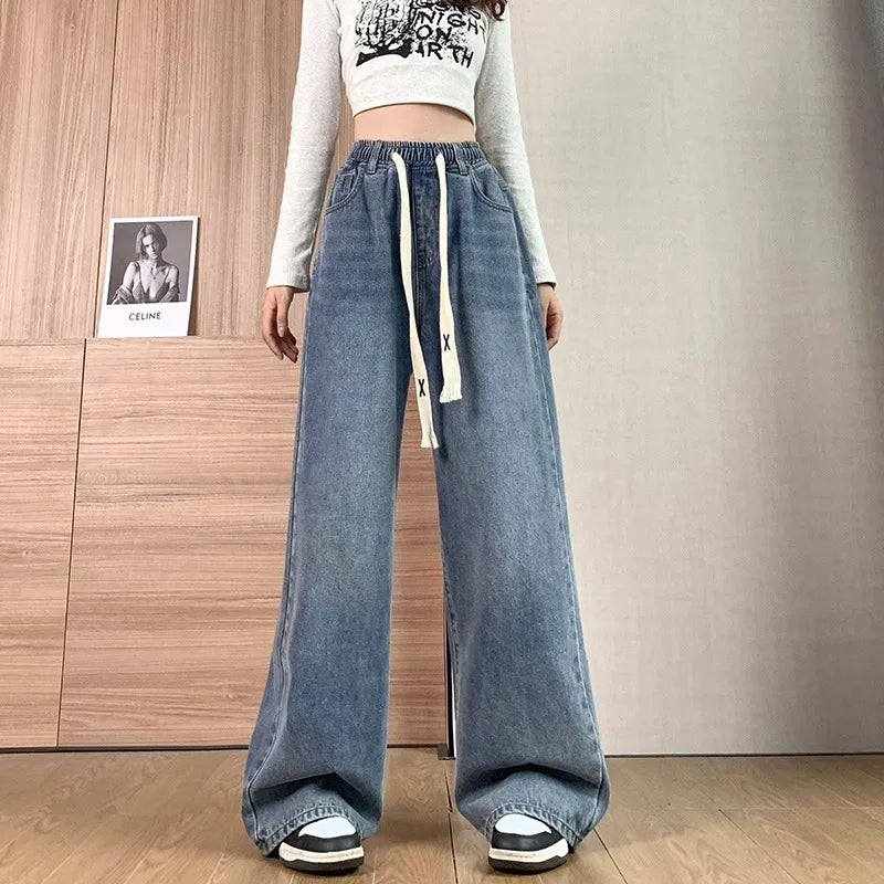 Loose Fit High Waist Wide Leg Jeans Women plus Size Light Blue Elastic Waist Dstring Trousers Autumn Faion plus Size