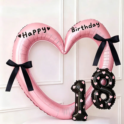 7Pcs 16inch Black Number Hollow-Out Heart Balloons and Heart Stickers Set, Includes 2 Number Balloons, 2 Stickers, 1 Glue Stick, 2 25cm Ribbons, for Birthday Parties, Wedding Anniversary Celebrations, Holiday Decorations