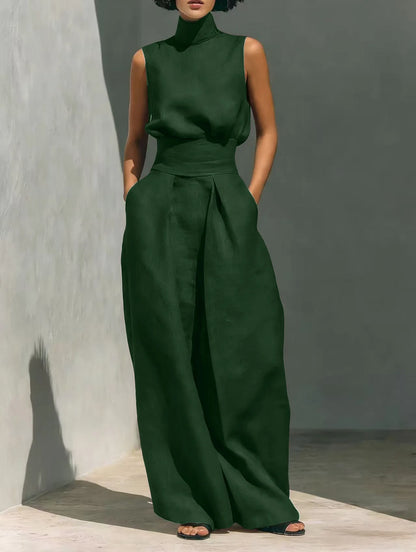 casual Solid Cotton Linen two-piece set for Women Sleeveless Turtleneck Top +High Waist Pants Set New Summer Button Loose Outfit