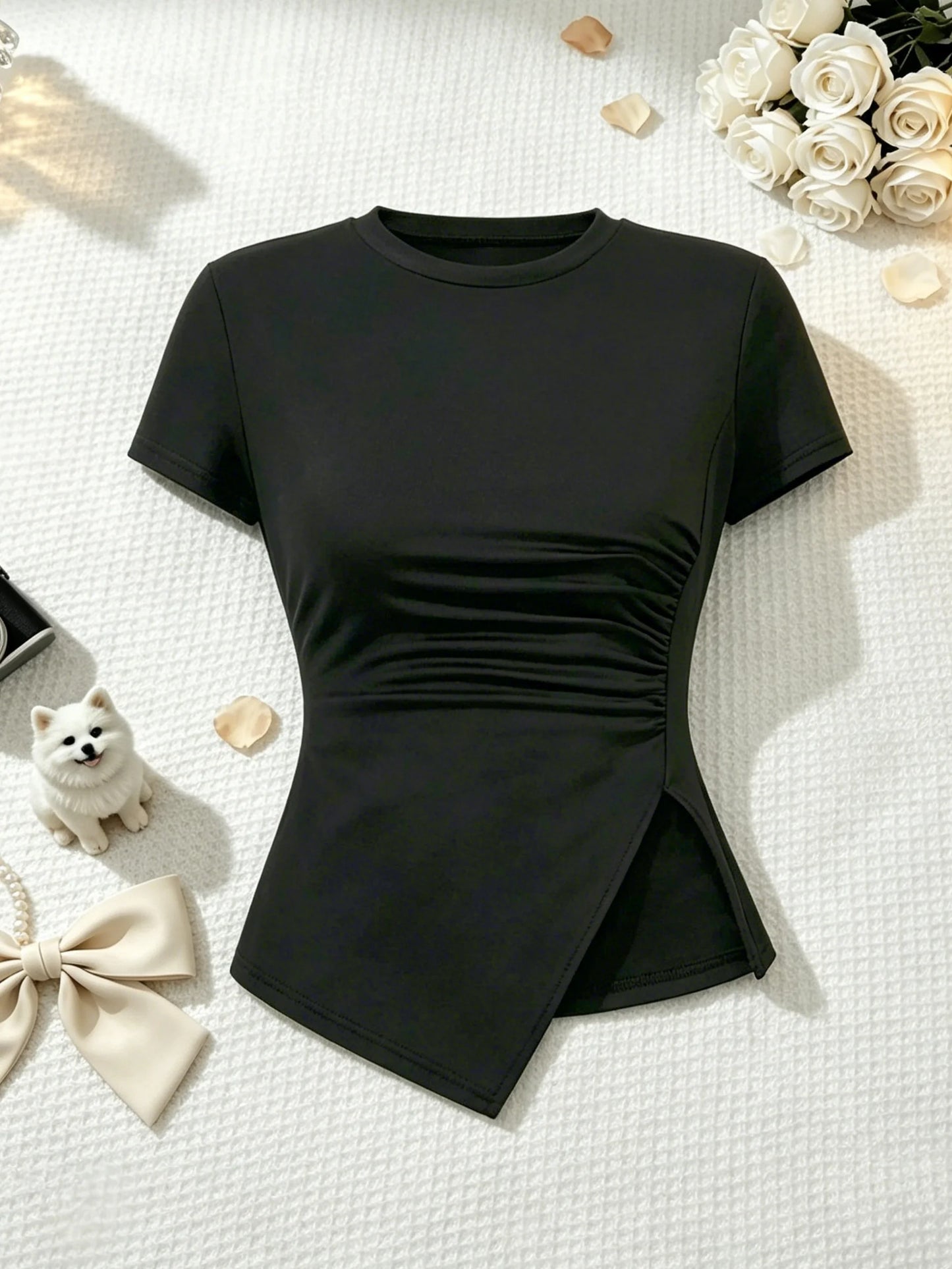 2 Pcs Women Crew Neck Side Ruched Split Hem Short Sleeve Tee High Waist Fold Over Side Drawstring Flared Pants Set Solid Black S