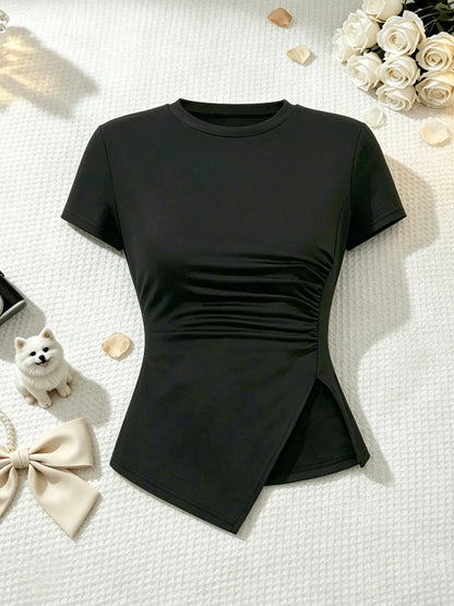 2 Pcs Women Crew Neck Side Ruched Split Hem Short Sleeve Tee High Waist Fold Over Side Drawstring Flared Pants Set Solid Black S