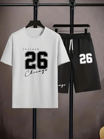 Summer Men's Chicago-Themed Relaxed Set Size 32 Printed T-Shirt and Shorts Set Adult Sports Casual Plus Size Two-Piece Set