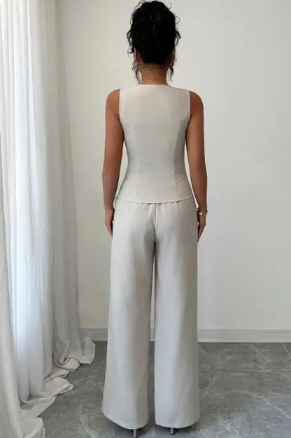 Two Piece Set Women Outfit 2026 Spring Summer New Contrasting V-Neck Sleeveless Single-Breasted Vest & Casual Straight Pants Set