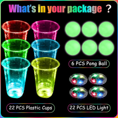 Glowing Party Beer Pong Game LED Beer Pong Cups and Glow-in-The-Dark Balls for Indoor Outdoor Nighttime Competitive Fun Birthday