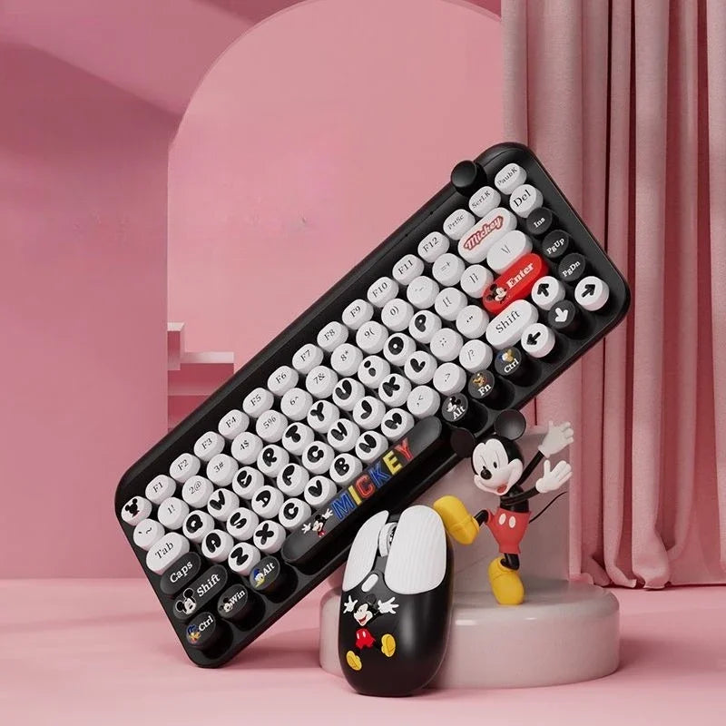 Mickey Bluetooth Wireless Keyboard and Mouse Set 84 Keys Cartoon Round Keycaps Mini Keyboard for Laptop Compute Gaming Office