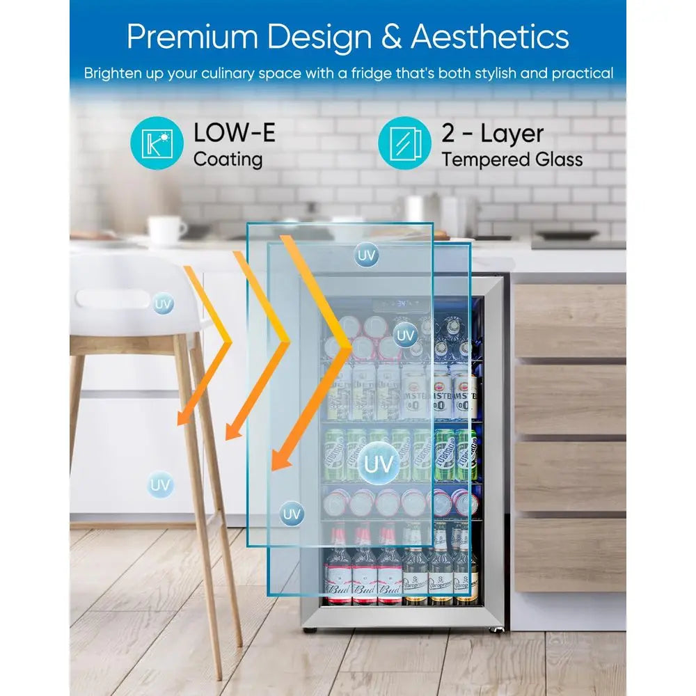 Beverage Refrigerator Cooler 126 Can Mini Fridge Glass Door for Drinks Soda Beer Wine Small Refrigerator for Office Bedroom Hom
