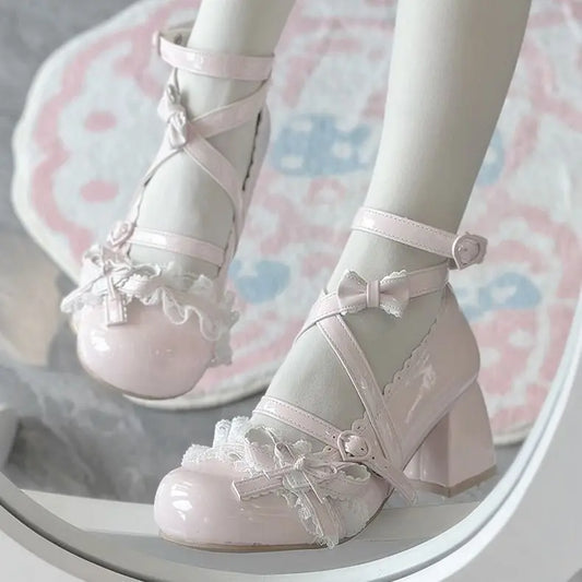 Lolita Mary Jane Shoes  New Women's Cute Bow High Heels Princess Heeled Single Shoes Spring Autumn Leather Pumps