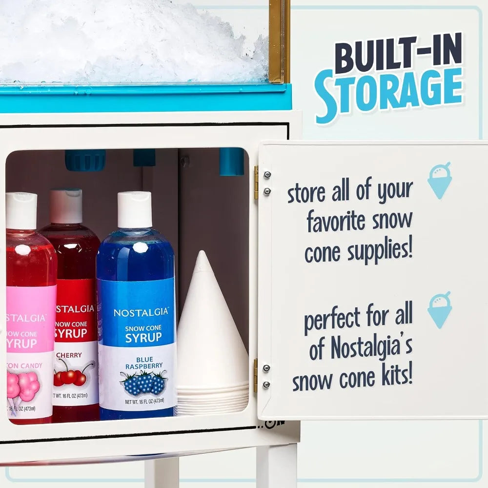 US Shipping Snow Cone Machine Shaved Ice Maker Retro Cart with Wheels Makes 48 Icy Treats Includes Metal Scoop and Storage