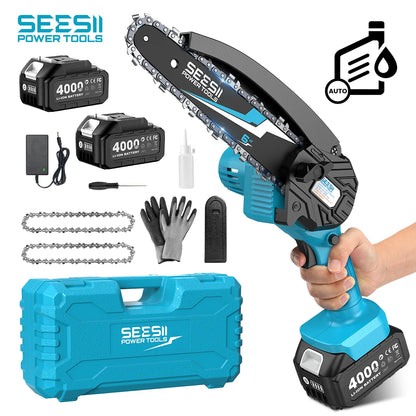 SEESII 6'' Cordless Mini Chainsaw 15.2cm Electric Saw Rechargeable Woodworking Garden Pruning Saw for Makita 18V Battery Pin