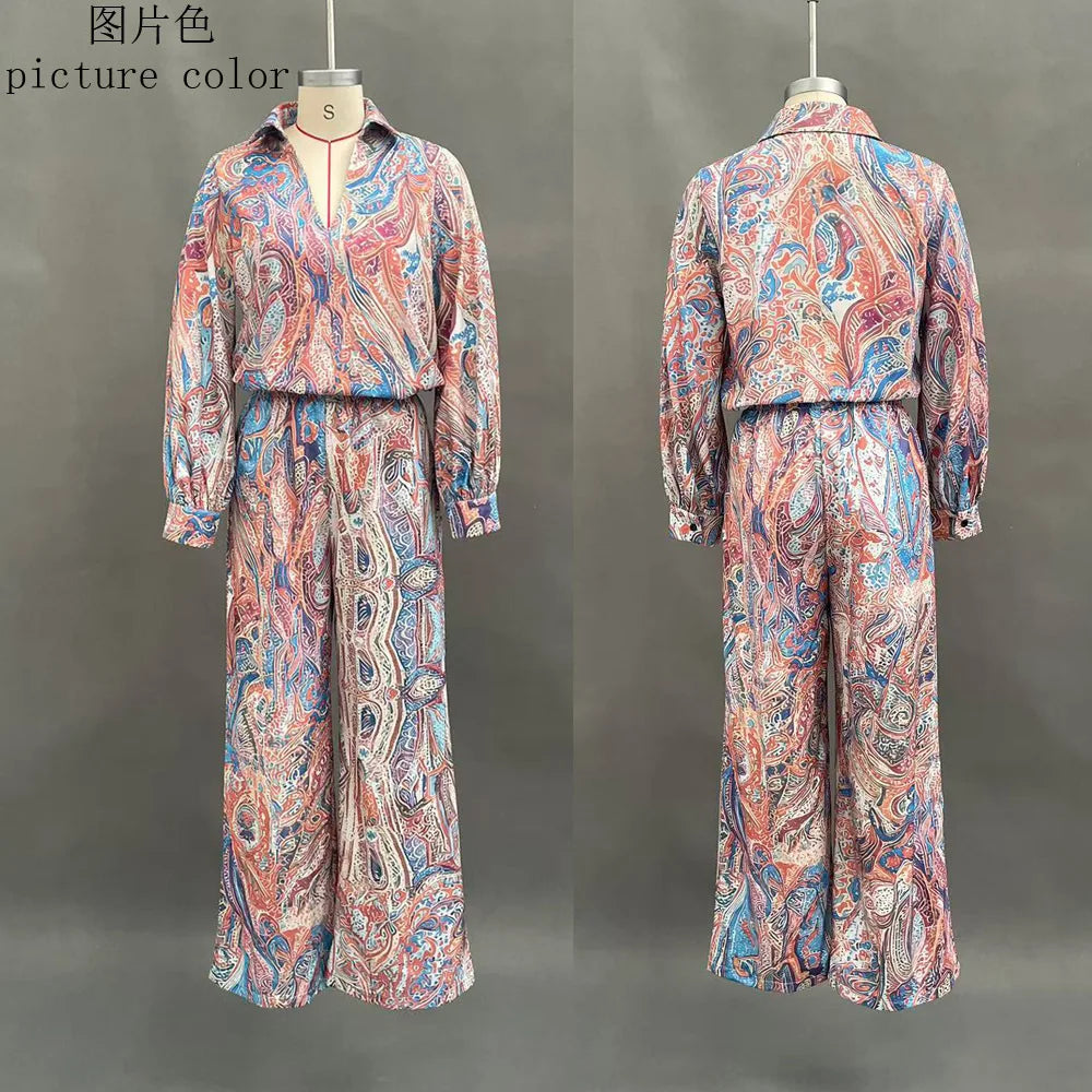 Boho Paisley Print Two-Piece Set for Women Sexy V-Neck Long Sleeve Blouse Top & Wide Leg Pants Casual Loose Suit for Vacation