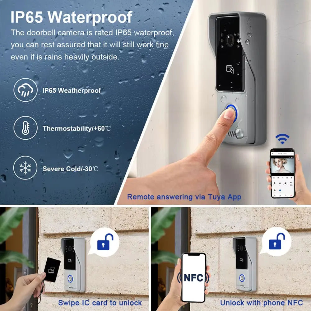 4 Wire Tuya Video Doorbell 7 inch HD Metal IR Camera Video Door Phone Two-way Audio WiFi Visual Intercom System RFID APP Unlock