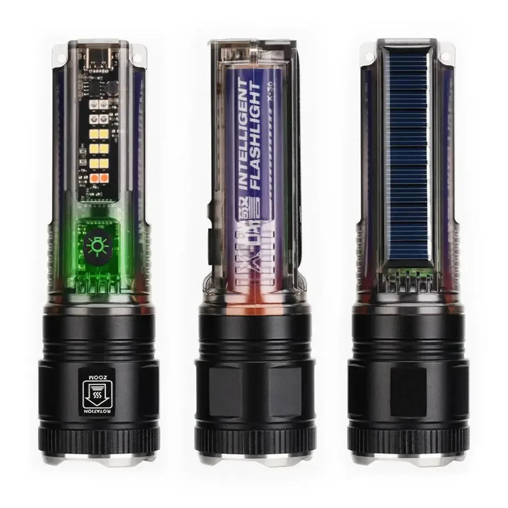 High Power LED Flashlight With Side Light Solar Powered Hand Lantern USB Rechargeable Strong Torch For Outdoor Camping Fishing