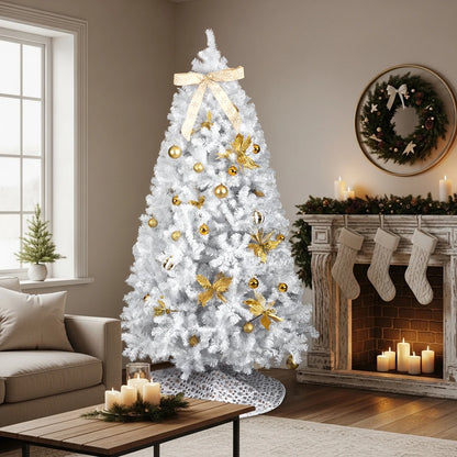 7.5FT White Pre‑lit Artificial Christmas Tree, Hinged Xmas Tree with 400 Warm White LED Lights Remote Control, 1600 Branch Tips with Tree Skirt Bow Gold Ornaments for Home Holiday Decor