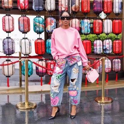 Women Denim Pant Jeans Print Floral Long Pants Hot Drilling High Waist Straight Trousers Y2k Streetwear Elegant Hole Work 2026