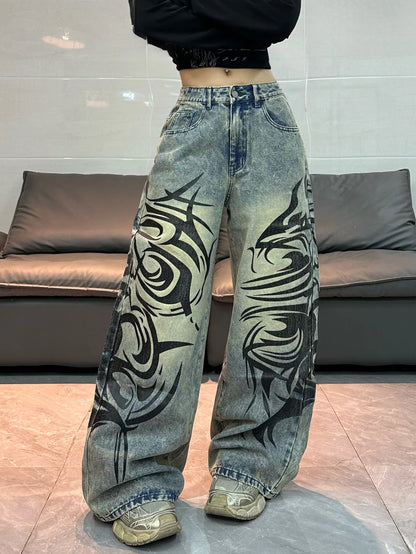 American-Style Vintage Washed Distressed Totem Print Loose Jeans, Street Fashion Trendy Versatile High-Waist Wide-Leg Pants For Women
