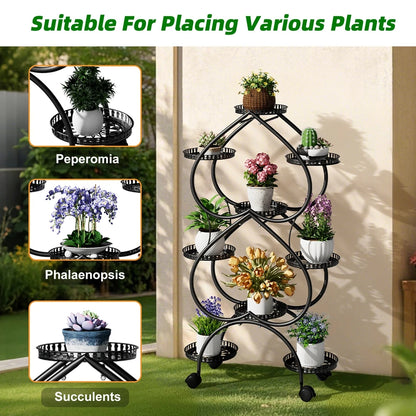 Iron Metal Plant Stand 9-Potted Rolling Flower Display Rack Holder with Wheels Indoor Outdoor