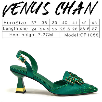 2026 Elegant Green Rhinestone Slingback Heels by Venus Chan - Italian Designed Pointed Toe Bridal Evening Party Shoes