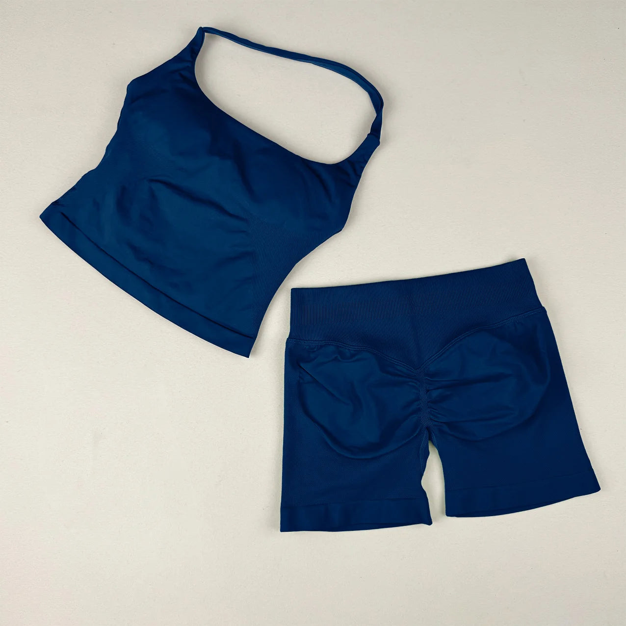 VEQKING Seamless 2pcs Women Yoga Sets Open Back Longline Sports Halter Bras Running Tank Tops Scrunch Butt Gym Workourt Shorts