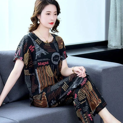 Cotton Silk Suit Summer Women's Sets New Casual Solid Color Short Sleeve Ankle-Length Pants 2 Piece Set Middle Age Mother Outfit