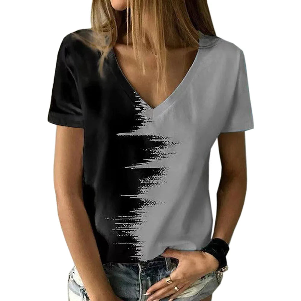 New women's V-neck T-shirt, black and white, suitable for document subscribers, 3D printing, vacation