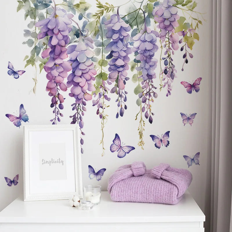 Purple Flower Plants Floral Wall Stickers Home Room Decoration Bedroom Adhesive Wallpaper Wall Furniture Door House Interior