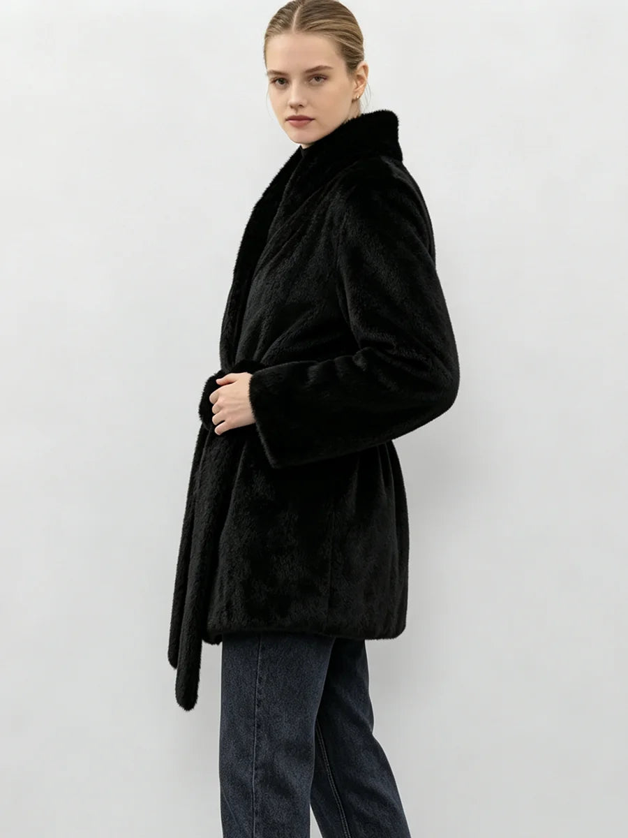 LIMO Women  Faux Mink Fur Coat Wrap Belted Waist Stand Collar Long Sleeve Loose Warm Winter Elegant Ladies  Plush Outerwear