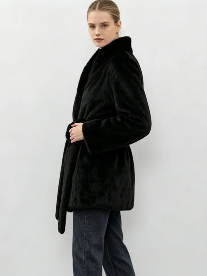 LIMO Women  Faux Mink Fur Coat Wrap Belted Waist Stand Collar Long Sleeve Loose Warm Winter Elegant Ladies  Plush Outerwear
