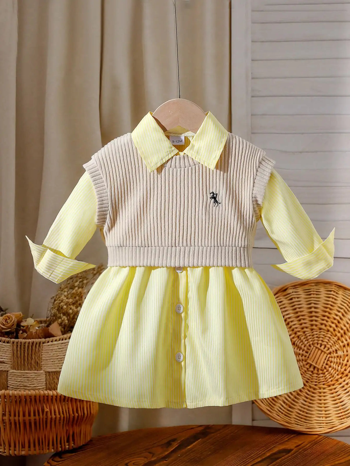 Two-piece baby girl embroidered vest and striped long-sleeved shirt dress for daily casual wear, versatile for spring and summer