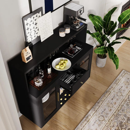 47" LED Wine Bar Cabinet With Glass Doors, 8 Bottle Rack, 15 Glass Holder, Drawers & Charging Station For Dining Room Kitchen