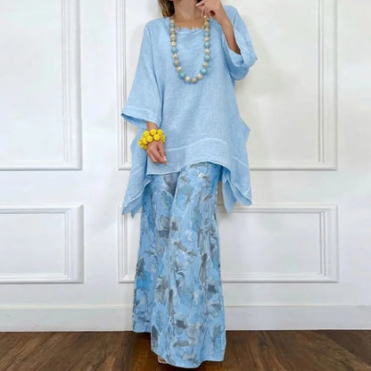 Women Spring Summer O Neck Pullover Irregular Top Wide Leg Pants Two Pieces Set Holiday Print Patchwork Loose Outfit Streetwear