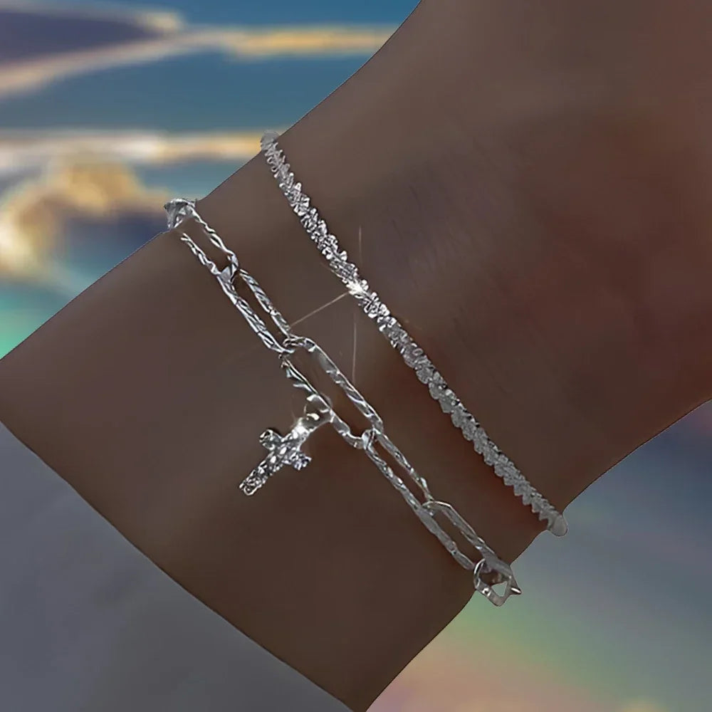 6Pcs 925 Sterling Silver Rhinestone Bracelets for Women Girls Luxury Korean Sparkling Starry Sky Charm Bracelets Party Jewelry