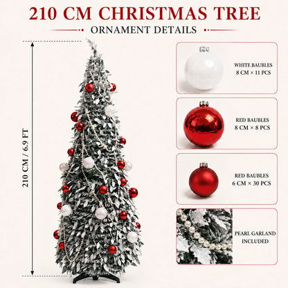 Flocked PVC Christmas Tree 1.5/1.8/2.1M Pre‑Attached Baubles, Foldable Xmas Tree with USB String Lights for Home Holiday Decor