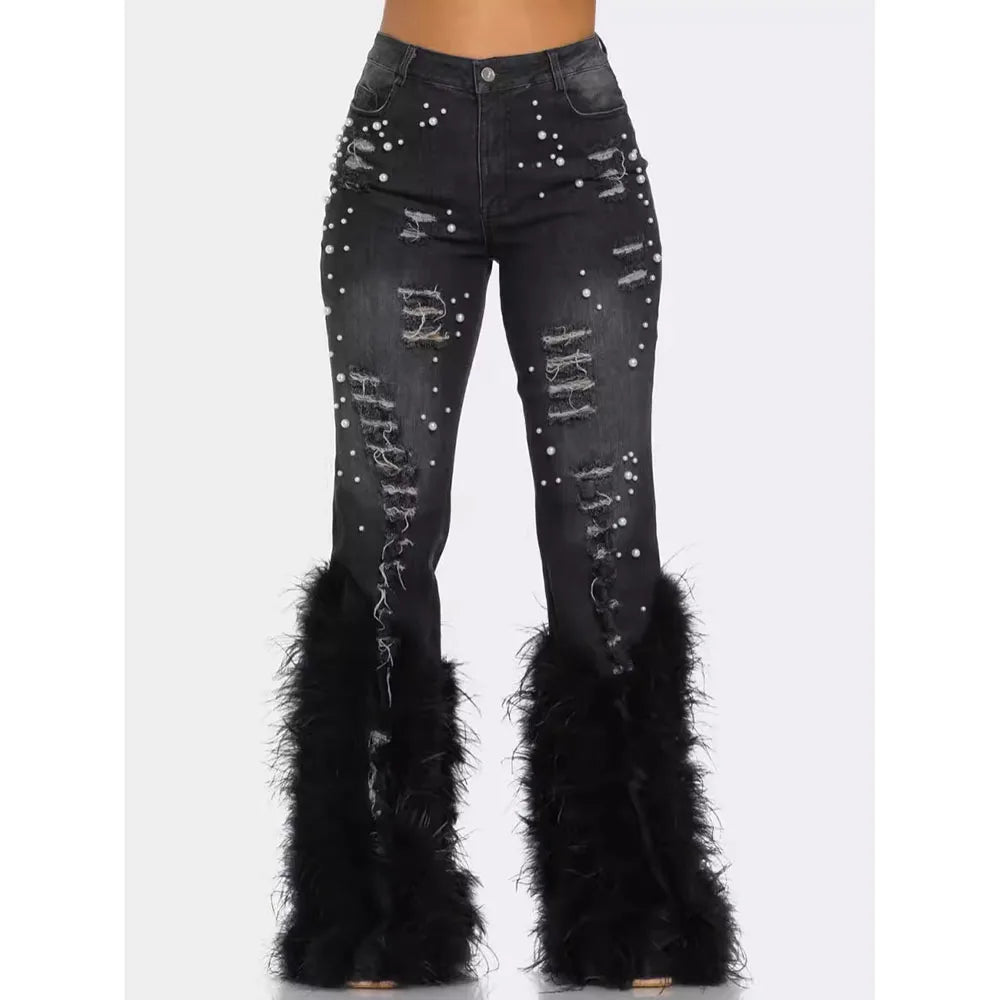 Women's Jeans Tassel Holes Vintage Feather High Waist Y2K Streetwear Casual Denim Pant Autumn Slim Beading Hollow Out Trousers