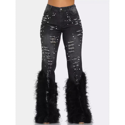 Women's Jeans Tassel Holes Vintage Feather High Waist Y2K Streetwear Casual Denim Pant Autumn Slim Beading Hollow Out Trousers