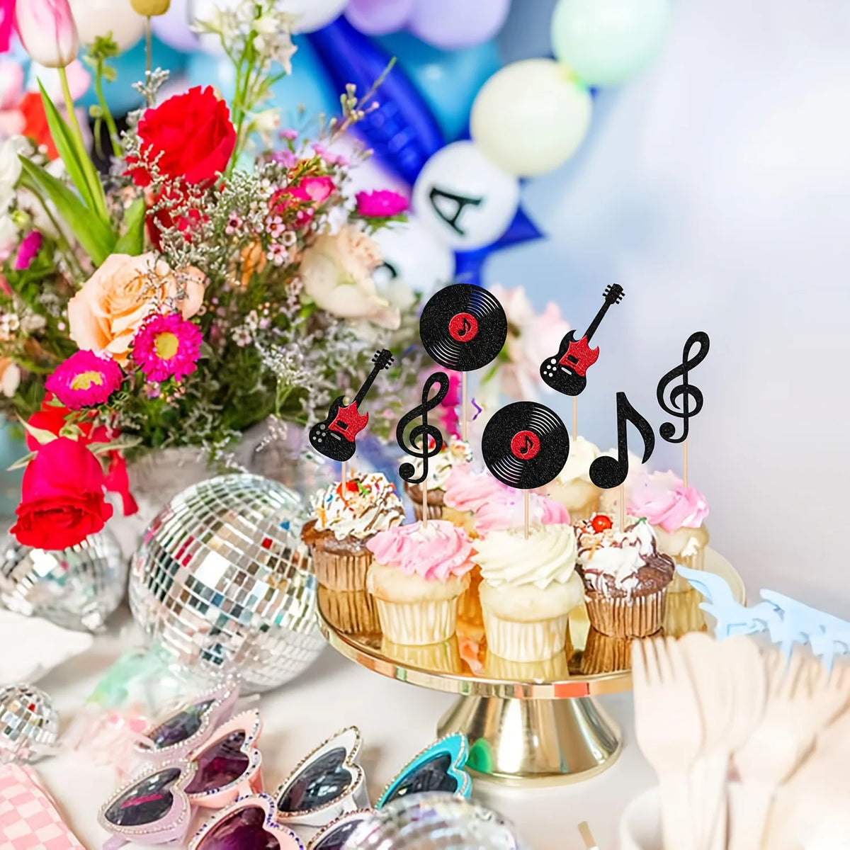 Music Party Cake Topper Guitar CD Optical Disc Musical Note Happy Birthday Decoration Baby Shower Party Dessert Baking Supplies