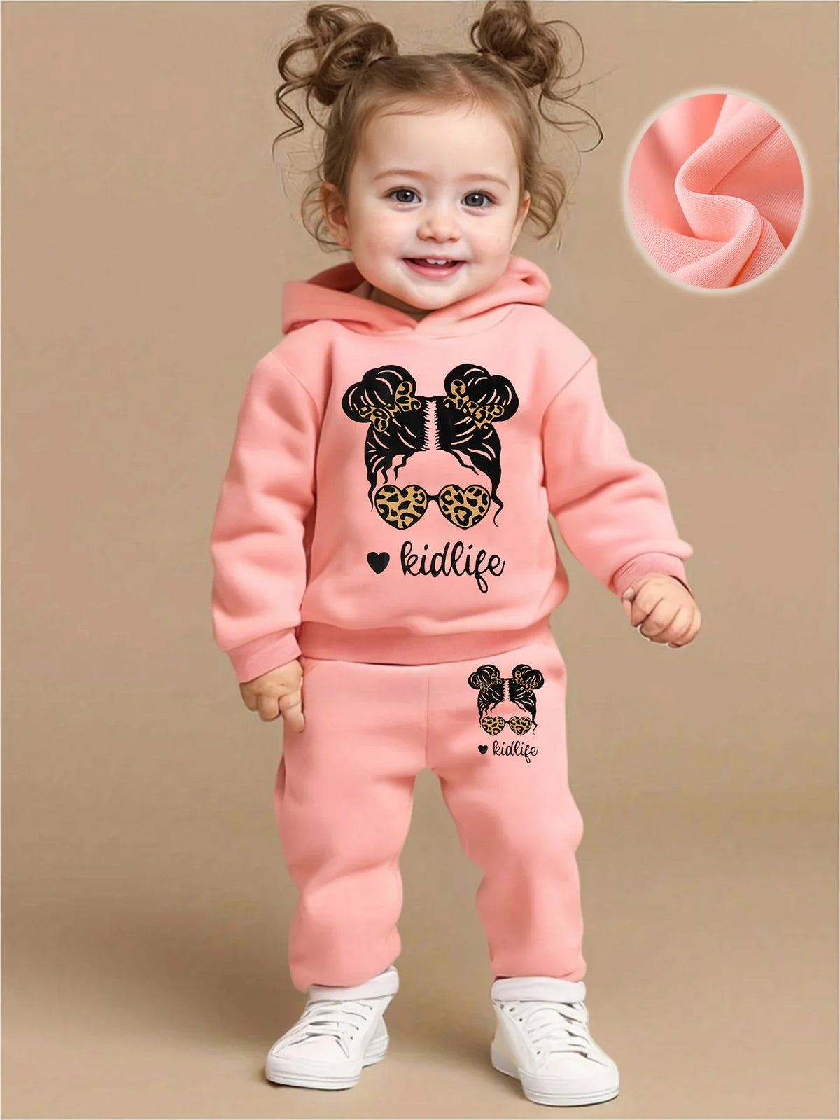 Adorable Baby Girl Cartoon Print Fleece Hoodie & Jogger Set - Perfect for Spring/Autumn Outdoor Activities
