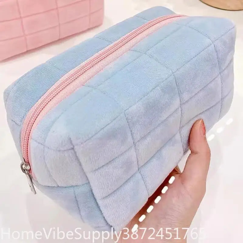 Solid Furry Large Cosmetic Storage Bag Zipper Makeup Organizer Multi‑Purpose Travel Toiletry Pouch Women Handbag Stationery Pencil Case Daily Gift Supply