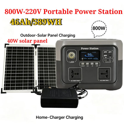 800W 46Ah Portable Power Station 600W/800W 589WH Solar Generator Backup PowerBank for Outdoor Camping, Home Emergency, RV Travel