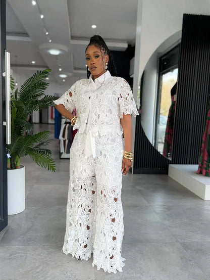 Streetwear Hollow Out Lace Casual Pants Outfits Sexy Women Two Pieces Club Matching Set Top+Trousers