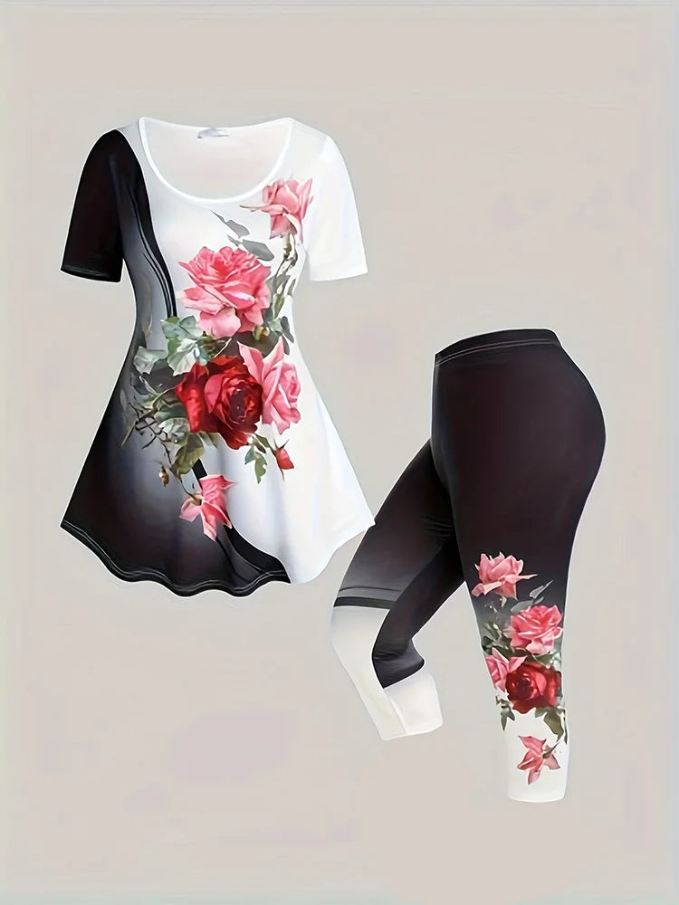 Plus Size Large Casual Set, Summer New Contrasting Rose Flower Print Oversized Round Neck T-Shirt Pants, Slim Fit Two-Piece Set