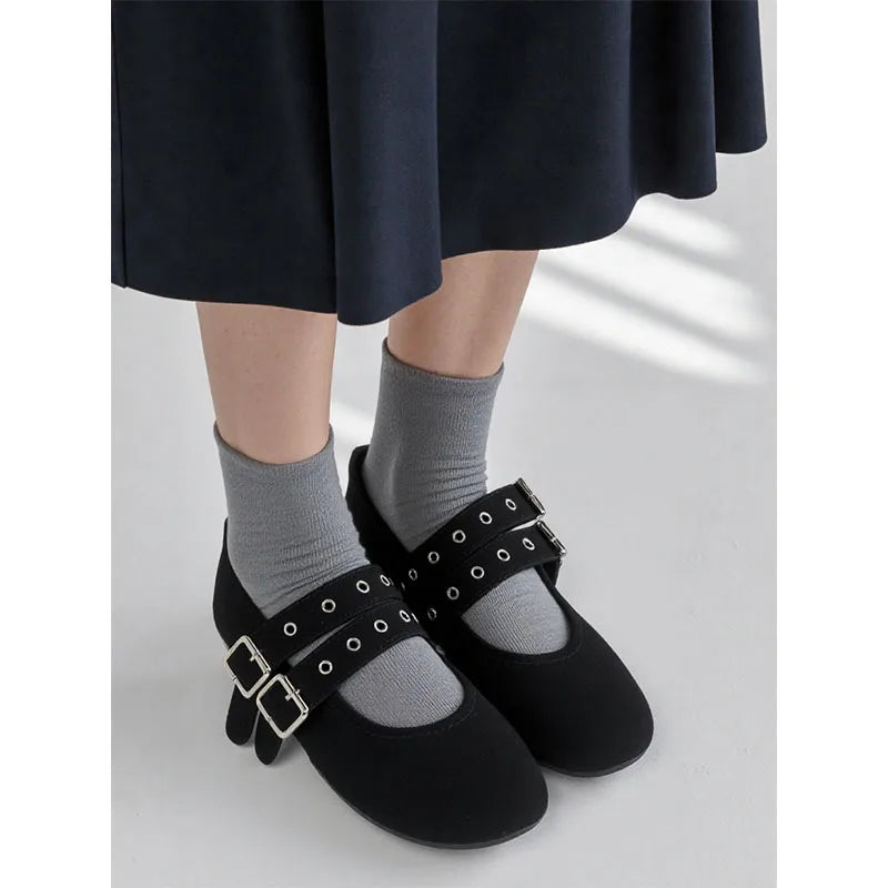 New Fashion Buckle Strap Footwear Flock Ballet Flats Women Dance Shoes Female Round Toe Ladies Mary Janes Flats Lolita Shoes