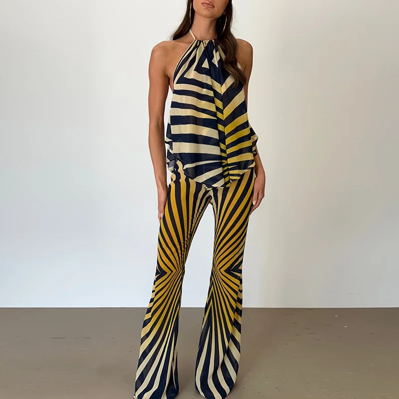 Striped Printed Women's Vest Trousers Suit Sleeveless Backless Halter Top Long Pants Lady Set 2026 Summer Autumn Female Sets New
